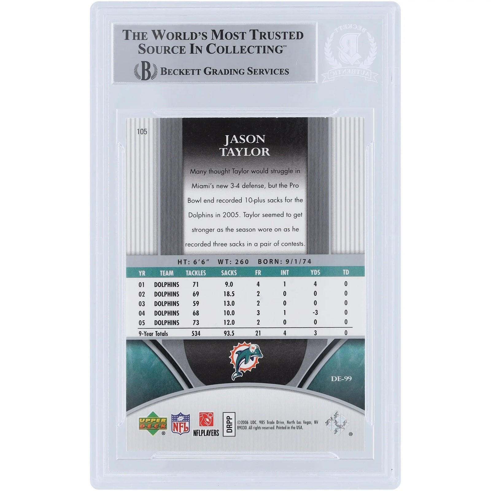 Jason Taylor Signed 2006 Upper Deck Ultimate Collection Card #105 | Limited #/525