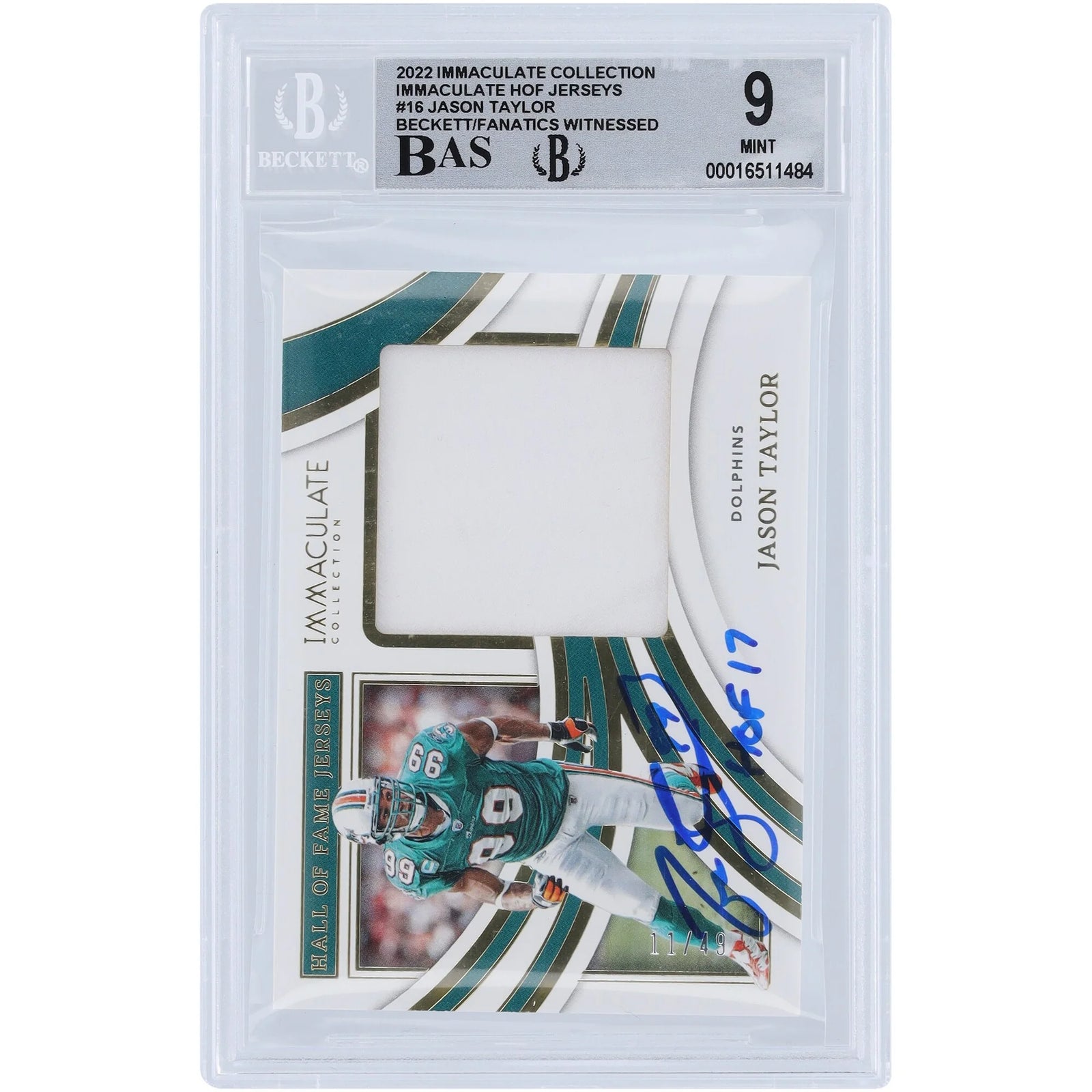 Jason Taylor Signed 2022 Panini Immaculate HOF Jerseys Relic Card | #/49