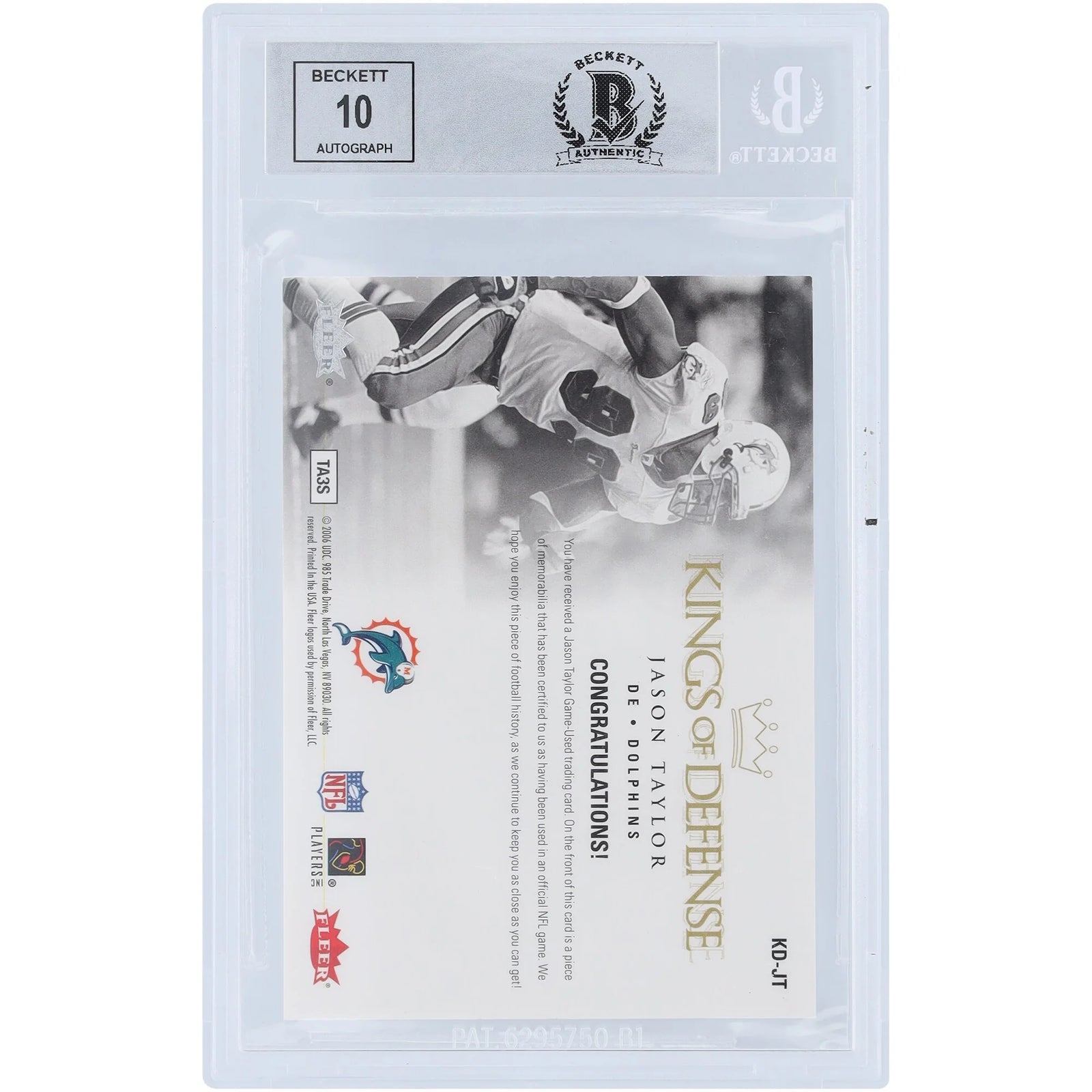 Jason Taylor Signed 2006 Fleer Ultra King of Defense Relic Card | Beckett Authenticated 9