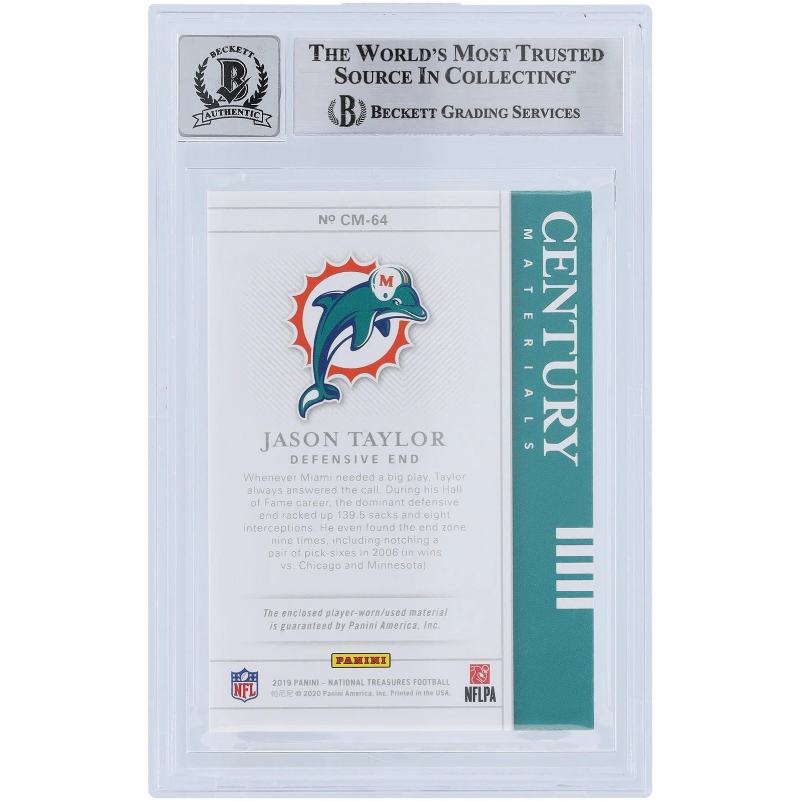 Jason Taylor Signed 2019 Panini National Treasures Card | HOF 17 Inscription