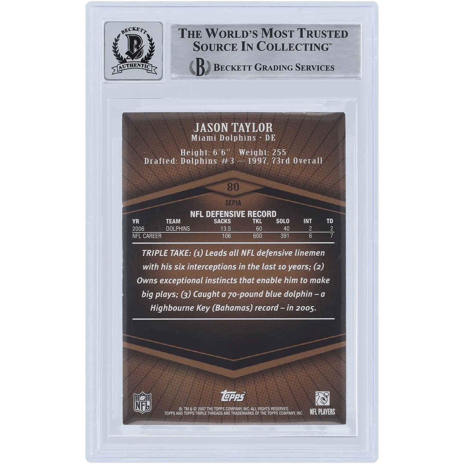 Jason Taylor Signed 2007 Topps Triple Threads Sepia #80 | Beckett Authenticated