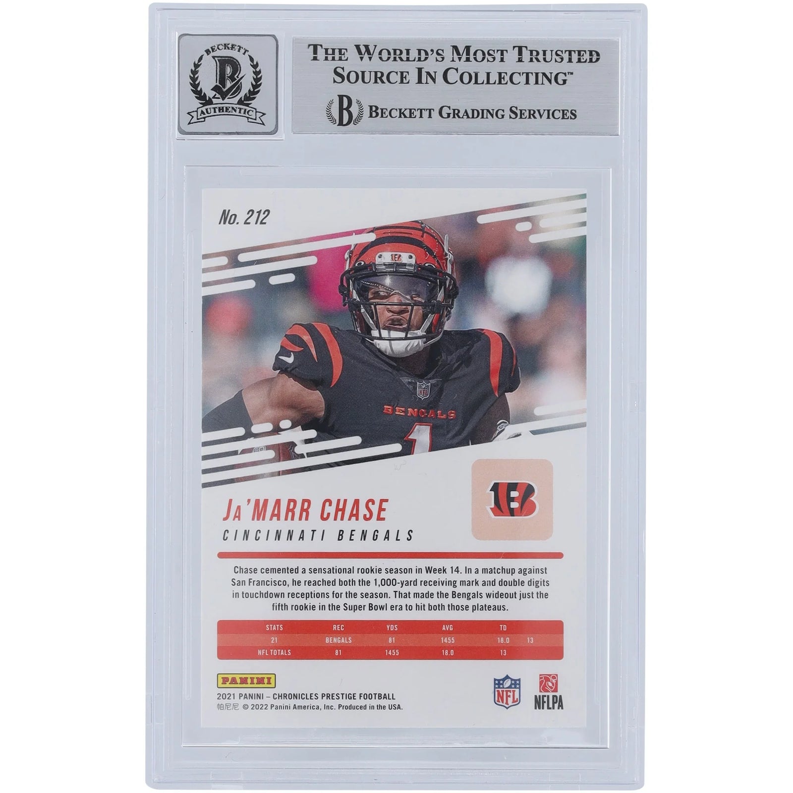 Ja'Marr Chase Signed 2021 Panini Prestige #212 Rookie Card | Beckett 9