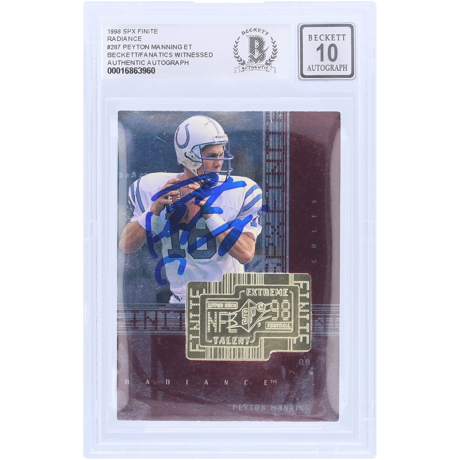 Peyton Manning Signed 1998 Upper Deck SPX Finite Radiance Rookie #287 Card | Beckett 10