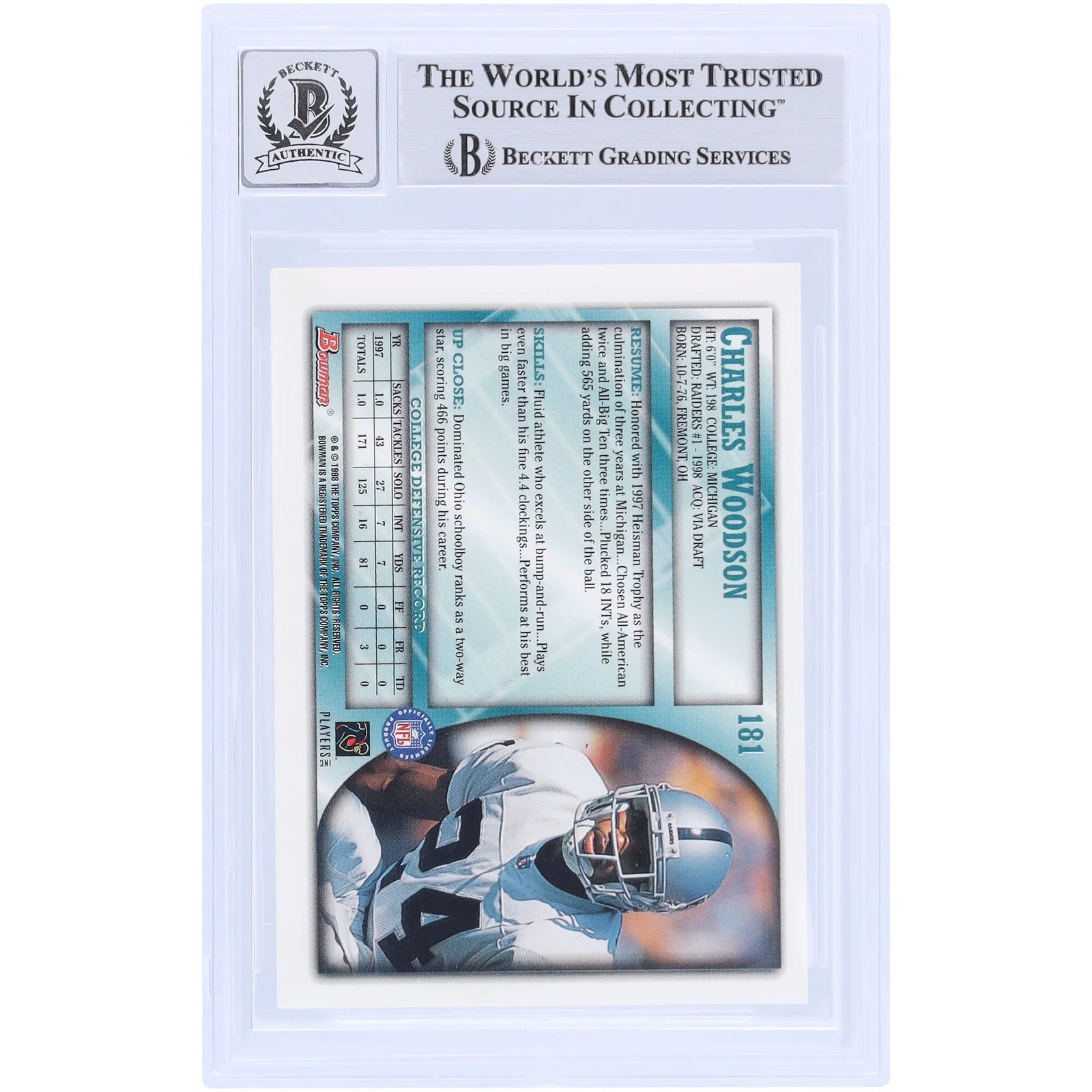 Charles Woodson Signed 1998 Bowman #181 Rookie Card | Beckett Authenticated