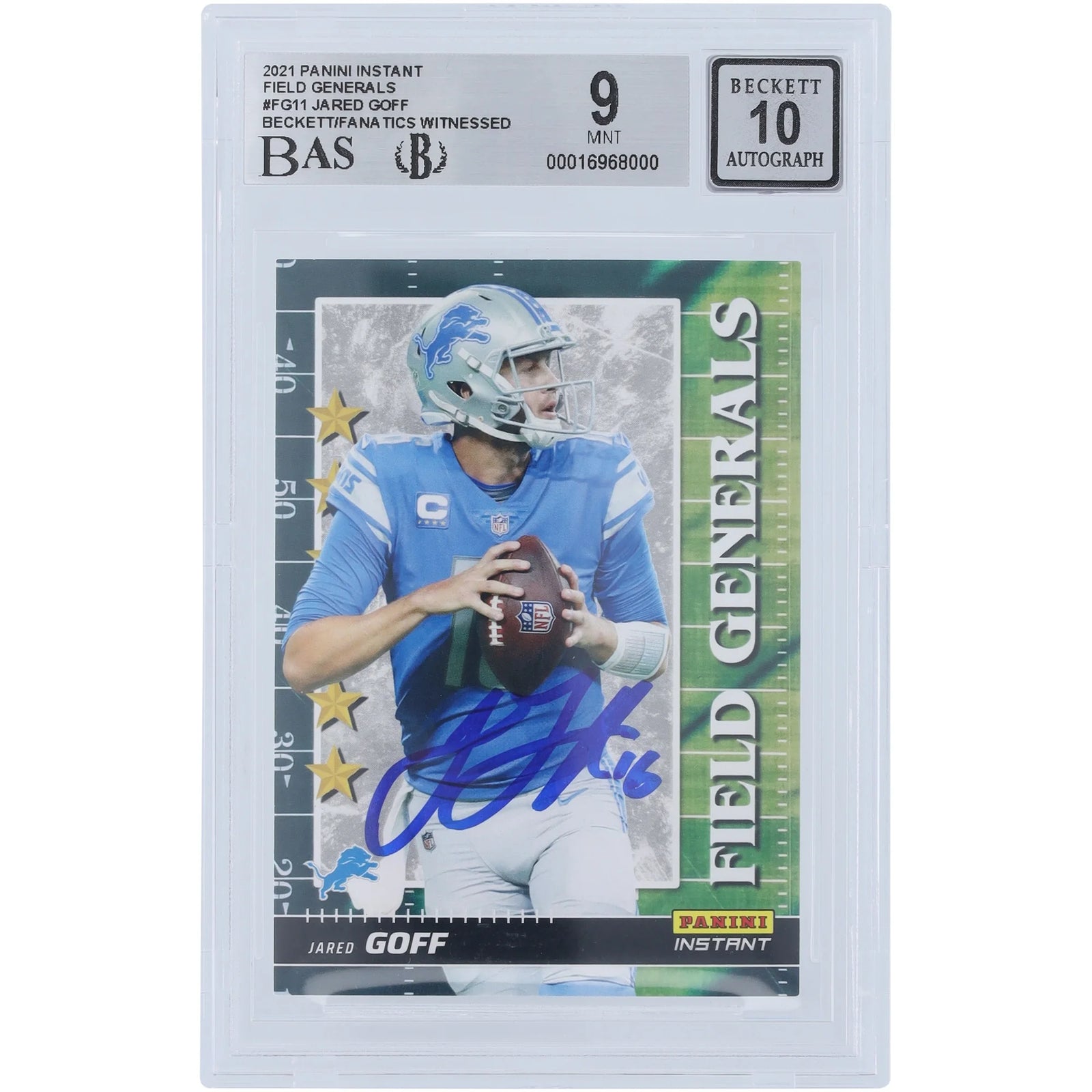 Jared Goff Signed 2021 Panini Instant Field Generals Card | 2088 Beckett Authenticated 9
