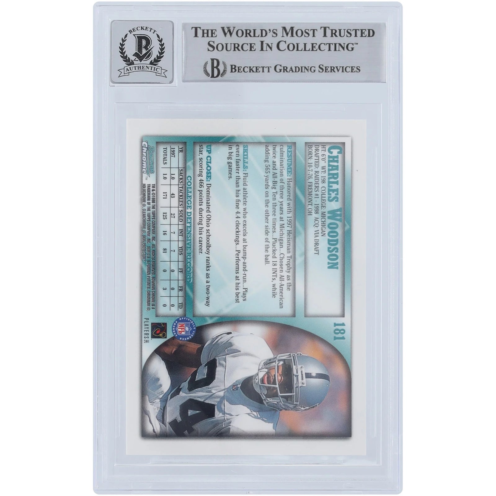Charles Woodson Signed 1998 Bowman Chrome #181 Rookie Card | Beckett 9