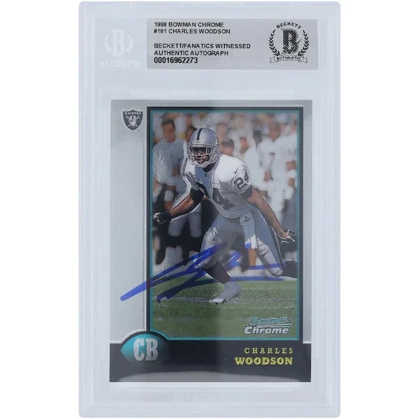 Charles Woodson Oakland Raiders Autographed 1998 Bowman Chrome #181 Beckett Fanatics Witnessed Authenticated Rookie Card - F2