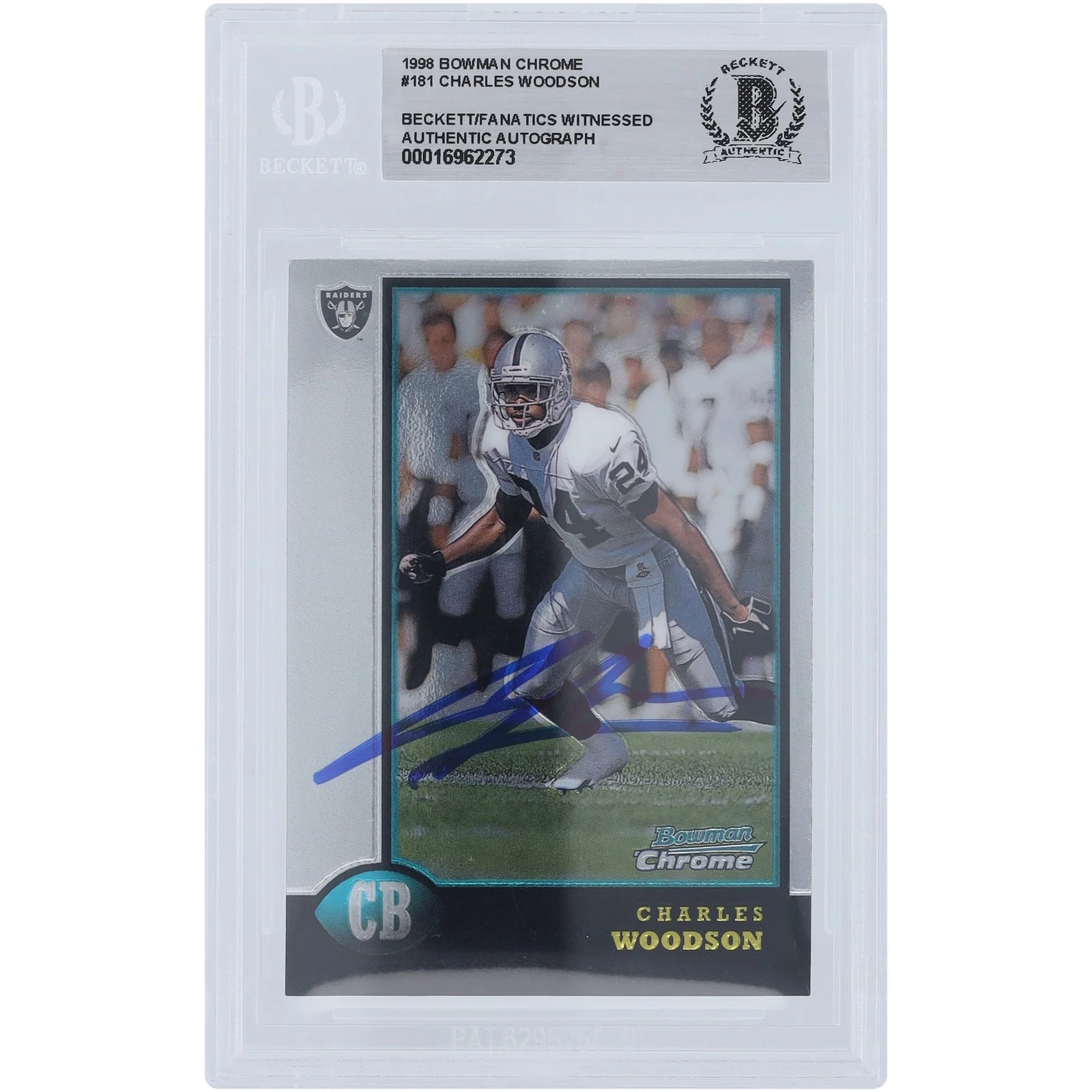 Charles Woodson Oakland Raiders Autographed 1998 Bowman Chrome #181 Beckett Fanatics Witnessed Authenticated Rookie Card - F2