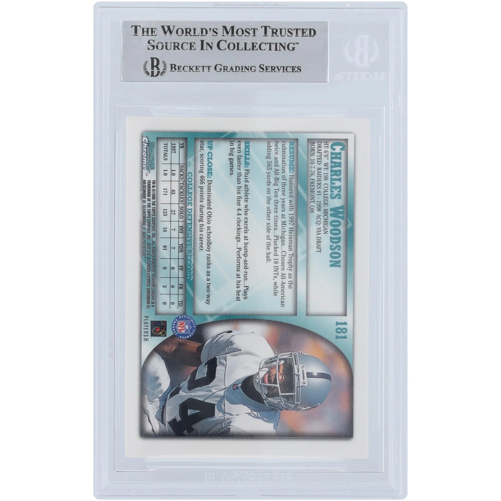 Charles Woodson Oakland Raiders Autographed 1998 Bowman Chrome #181 Beckett Fanatics Witnessed Authenticated Rookie Card - F2