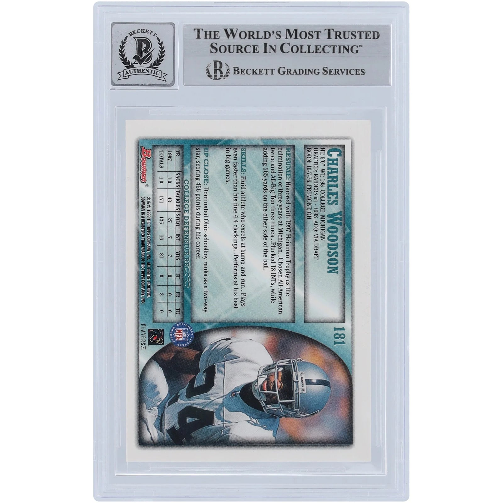 Charles Woodson Signed 1998 Bowman #181 Rookie Card | Beckett 10
