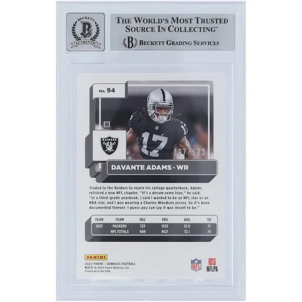 Davante Adams Signed 2022 Panini Donruss Purple #94 Card | Beckett Graded 9