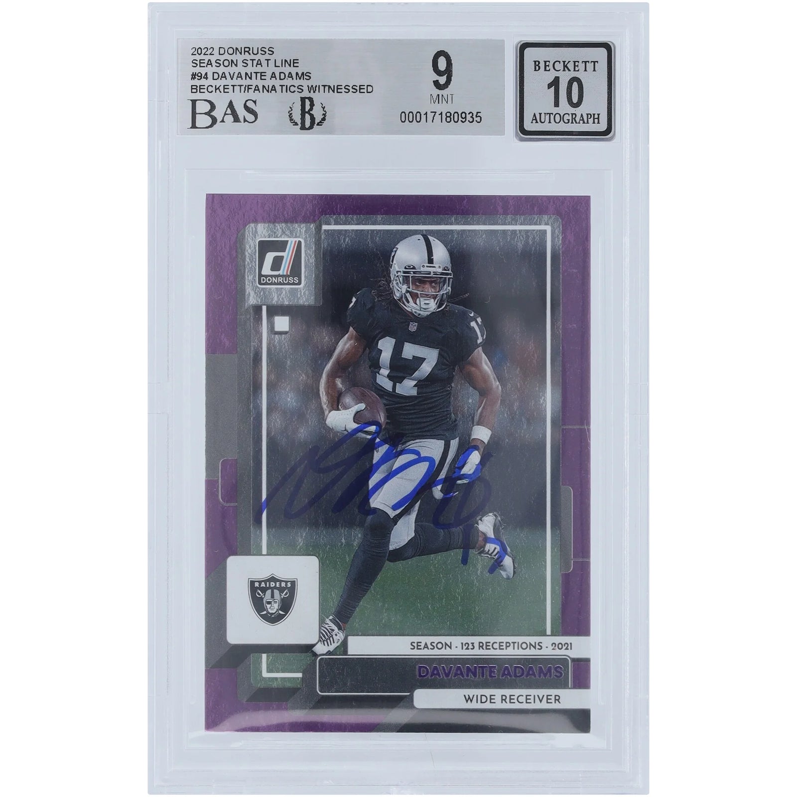 Davante Adams Signed 2022 Panini Donruss Purple #94 Card | Beckett Graded 9