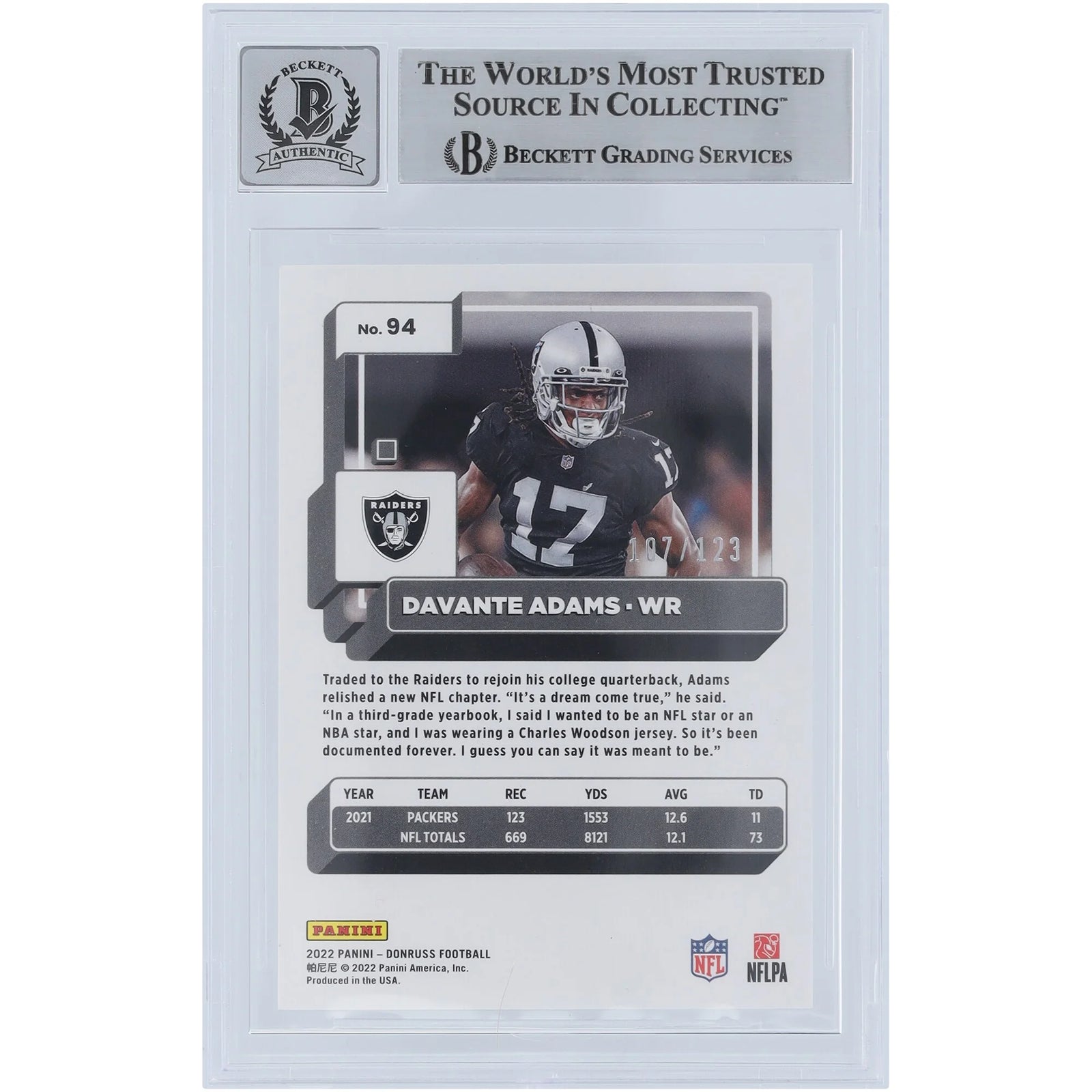 Davante Adams Signed 2022 Panini Donruss Purple #94 Card | Beckett Graded 9