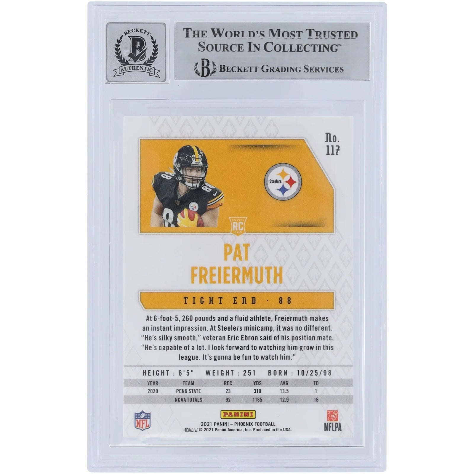 Pat Freiermuth Signed 2021 Panini Phoenix Fire Burst #117 Rookie Card | Beckett Graded 9
