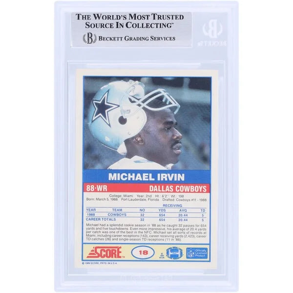 Michael Irvin Dallas Cowboys Autographed 1989 Score #18 Beckett Fanatics Witnessed Authenticated Rookie Card with "HOF 07" Inscription - F2