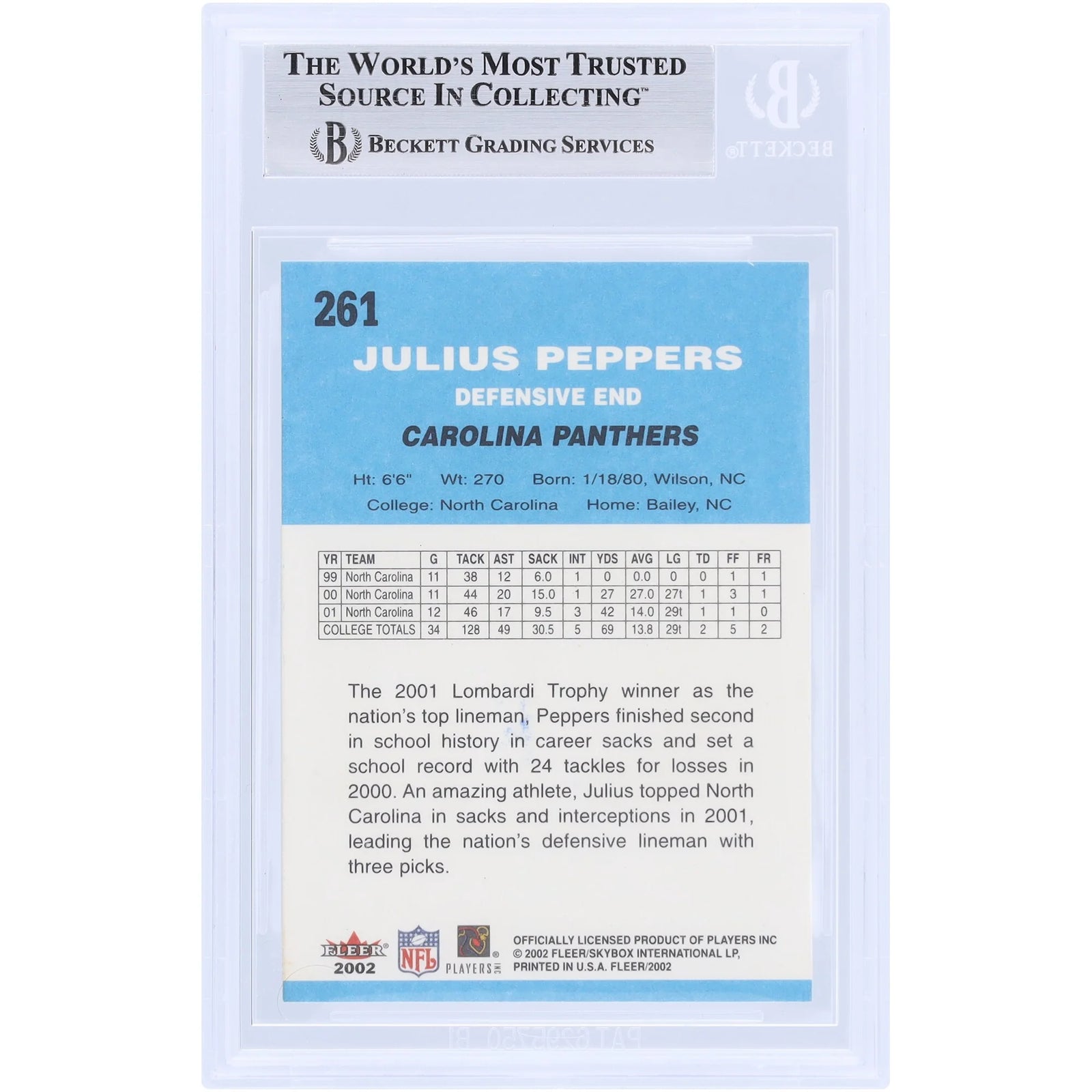 Julius Peppers Signed 2002 Fleer Tradition #261 Rookie Card | Beckett Authenticated