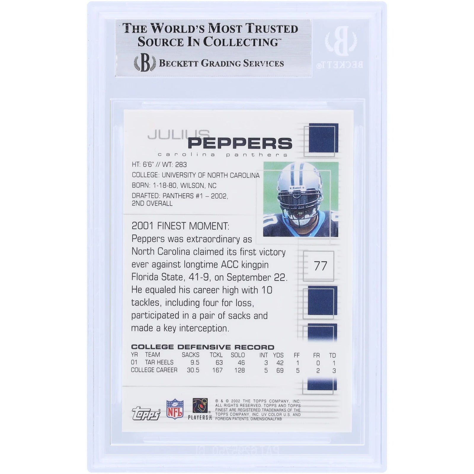 Julius Peppers Signed 2002 Topps Finest #77 Rookie Card | Beckett Authenticated
