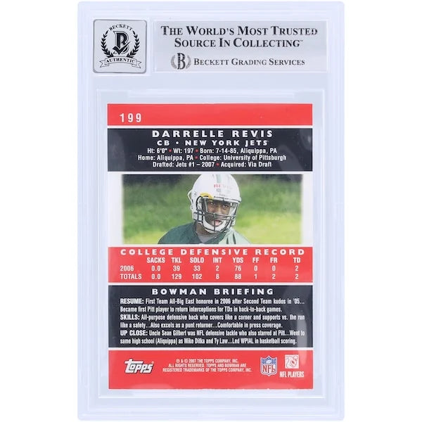 Darrelle Revis Signed 2007 Bowman #199 Rookie Card | Graded 10 with HOF 23 Inscription