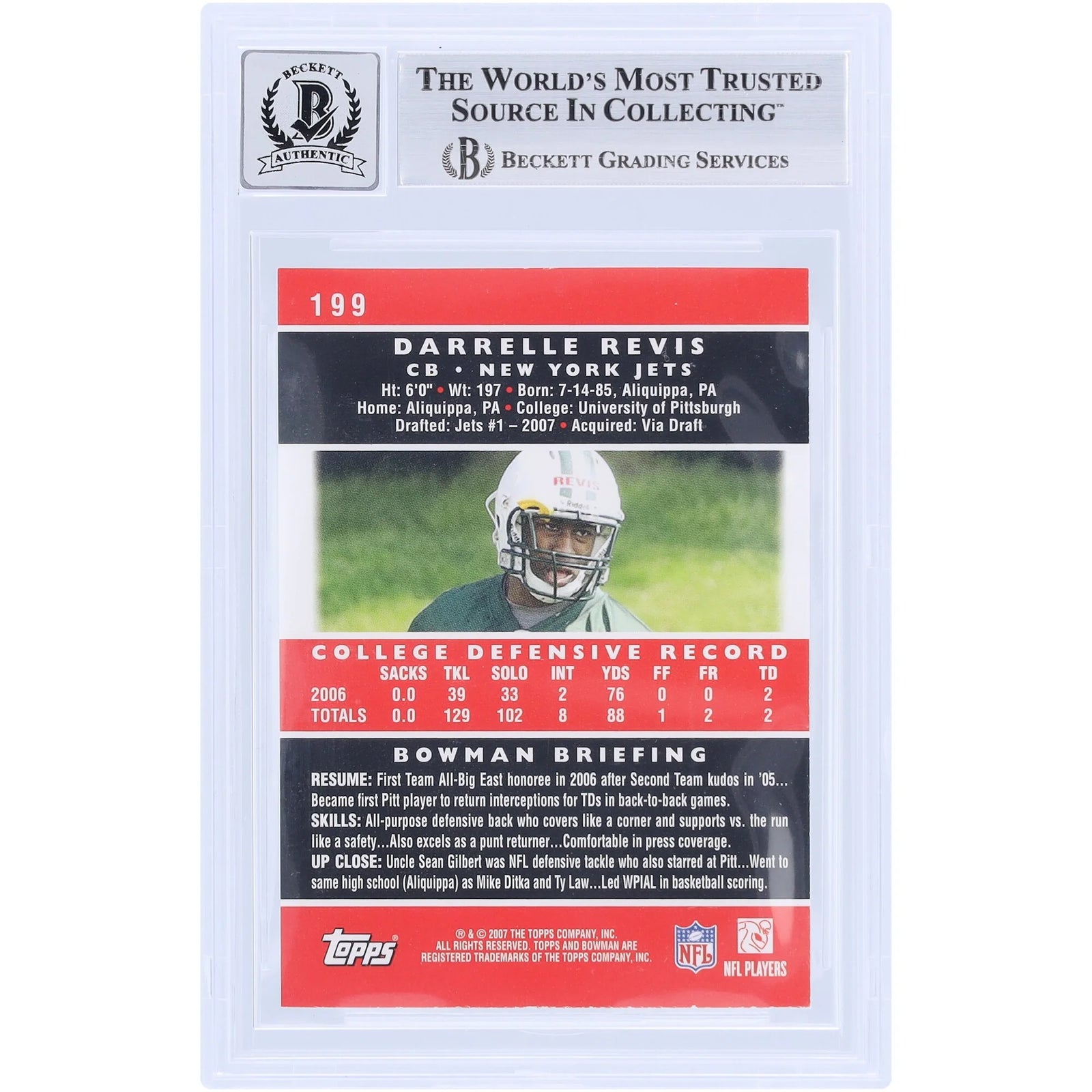 Darrelle Revis Signed 2007 Bowman #199 Rookie Card | Graded 10 with HOF 23 Inscription