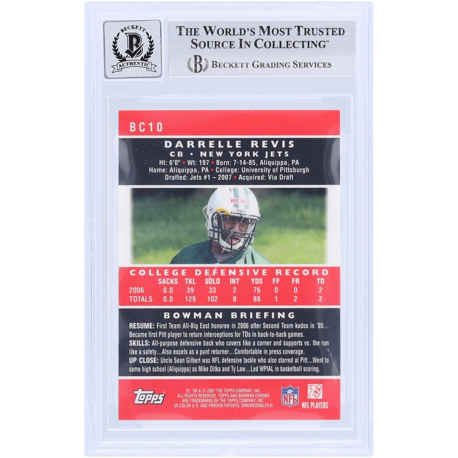 Darrelle Revis Signed 2007 Topps Chrome #BC10 Rookie Card | Graded 10