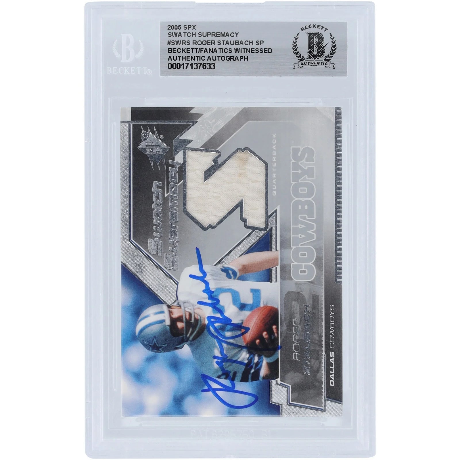 Roger Staubach Signed 2005 Upper Deck SPx Swatch Supremacy Relic Card | Beckett Authentica