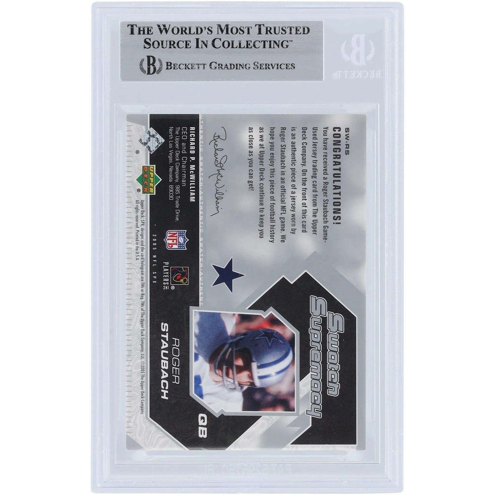Roger Staubach Signed 2005 Upper Deck SPx Swatch Supremacy Relic Card | Beckett Authentica