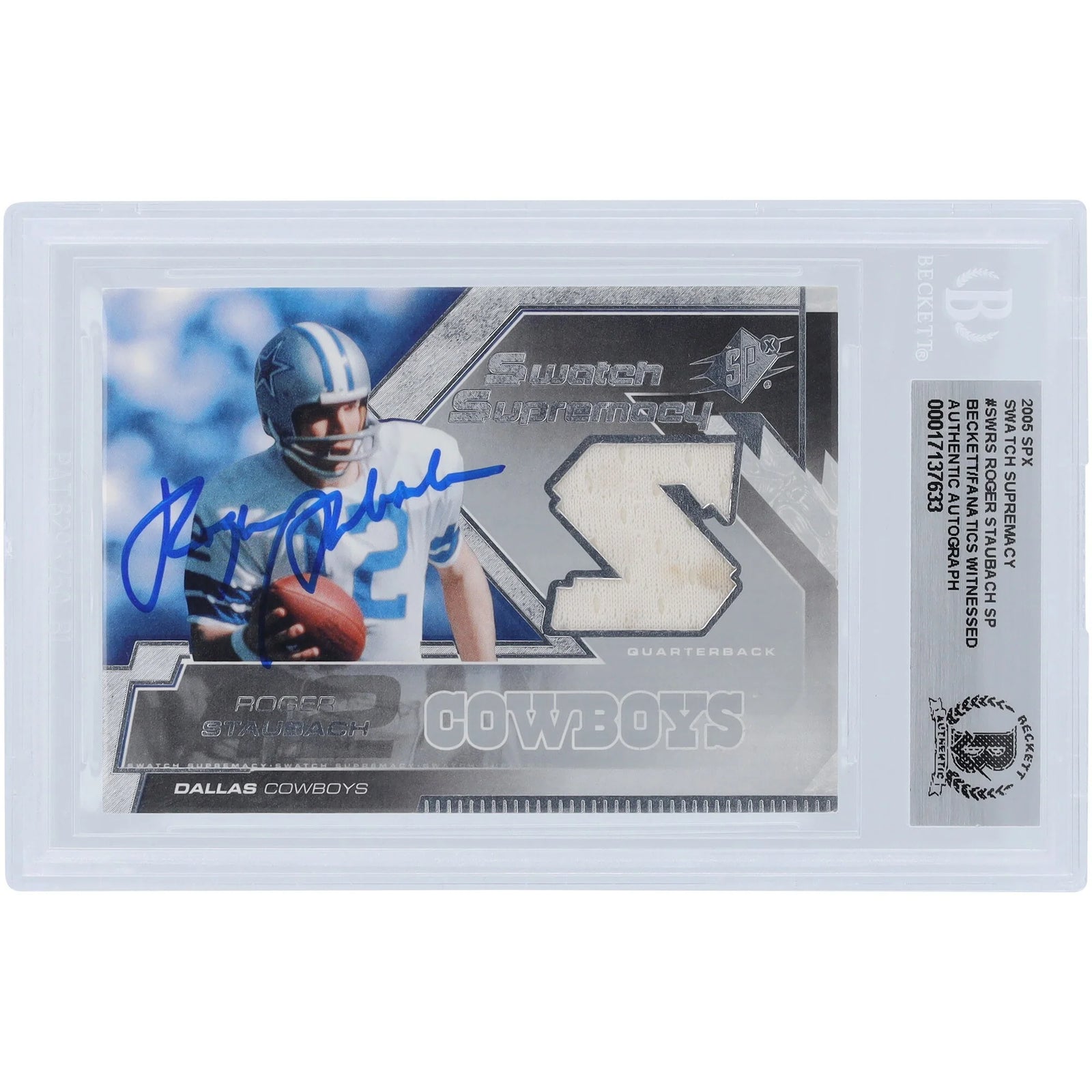 Roger Staubach Signed 2005 Upper Deck SPx Swatch Supremacy Relic Card | Beckett Authentica