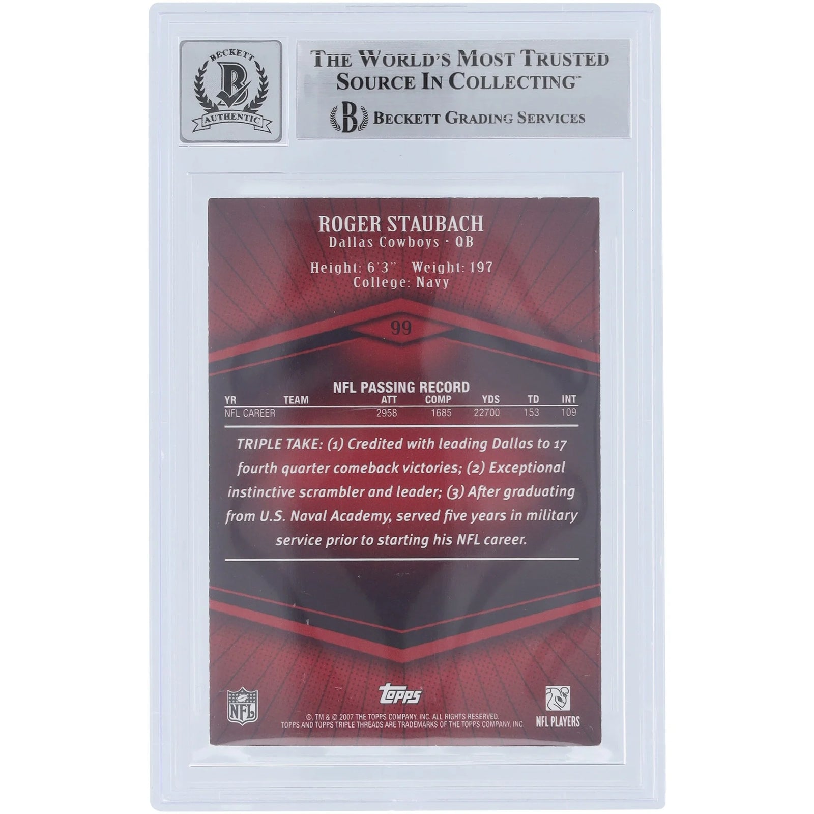 Roger Staubach Signed 2007 Topps Triple Threads #99 Card | Graded 10