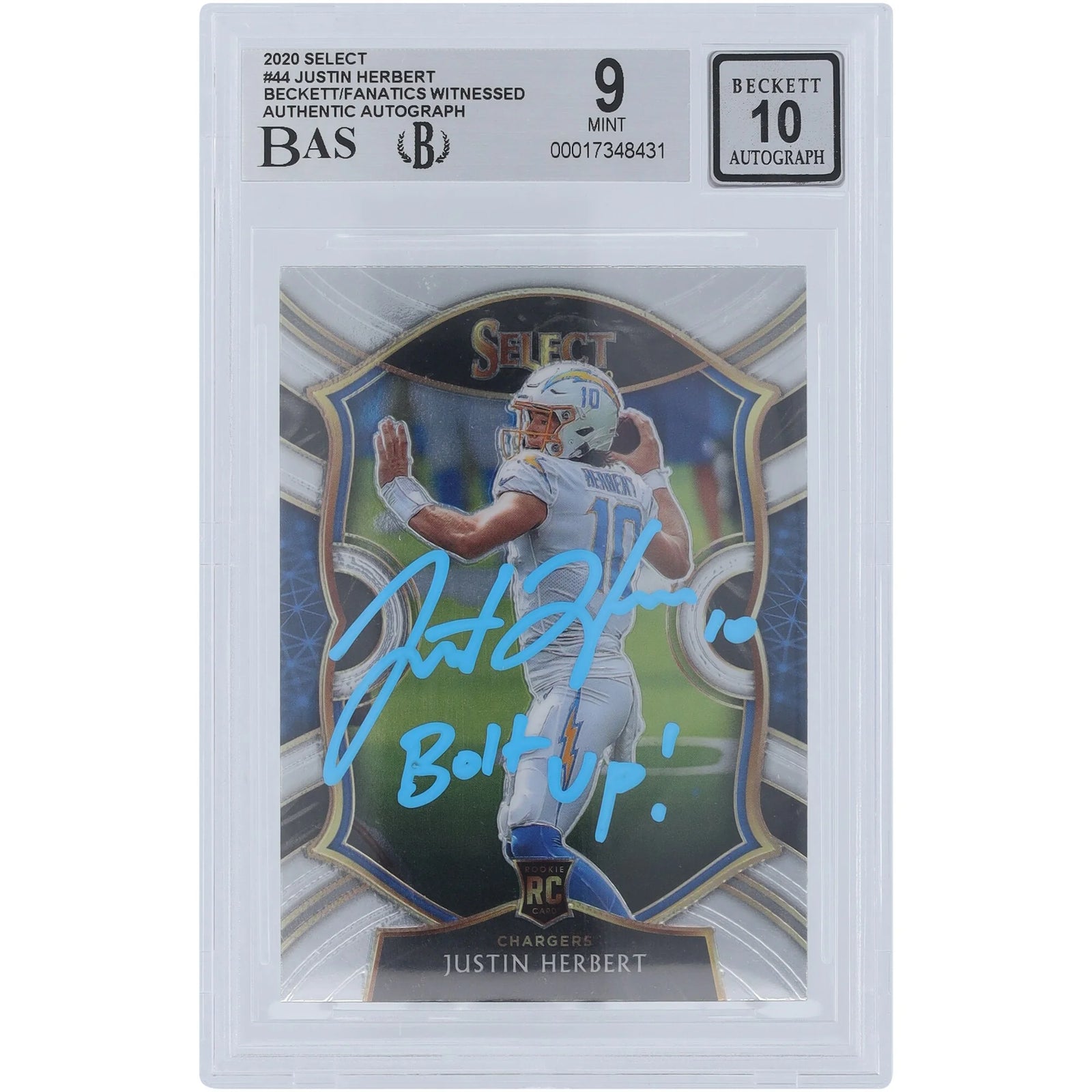 Justin Herbert Signed 2020 Panini Select Rookie #44 Card | Bolt Up Inscription