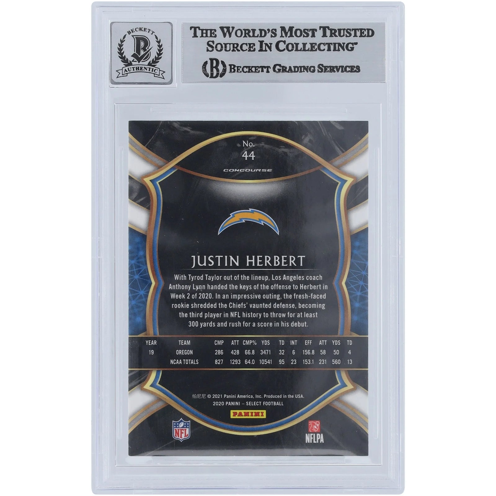 Justin Herbert Signed 2020 Panini Select Rookie #44 Card | Bolt Up Inscription