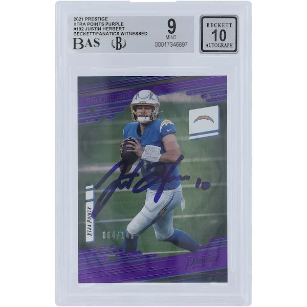 Justin Herbert Signed 2021 Panini Prestige Xtra Points Purple Card #192 | Beckett Graded 9