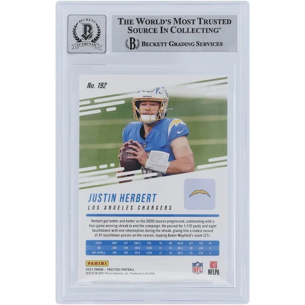 Justin Herbert Signed 2021 Panini Prestige Xtra Points Purple Card #192 | Beckett Graded 9