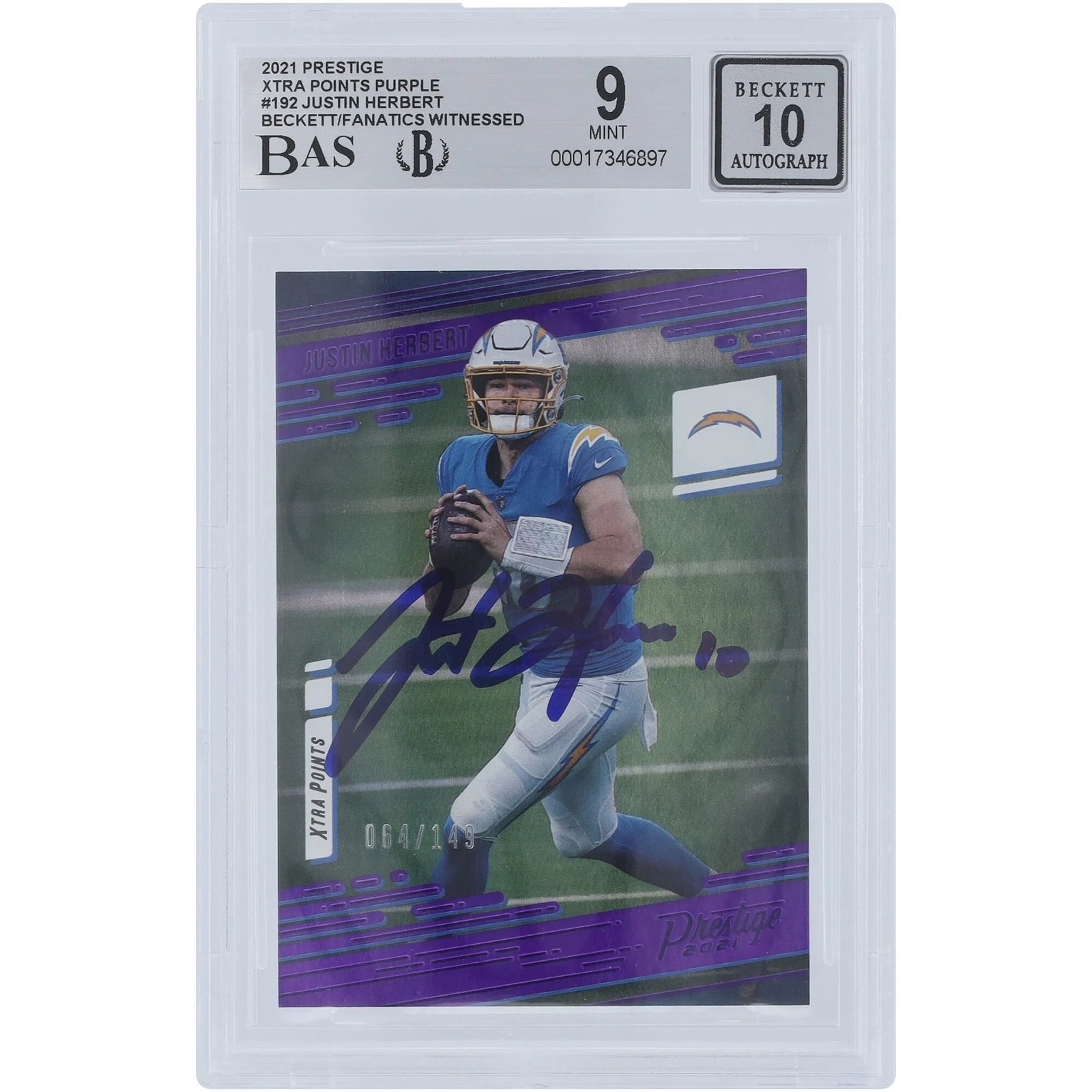 Justin Herbert Signed 2021 Panini Prestige Xtra Points Purple Card #192 | Beckett Graded 9