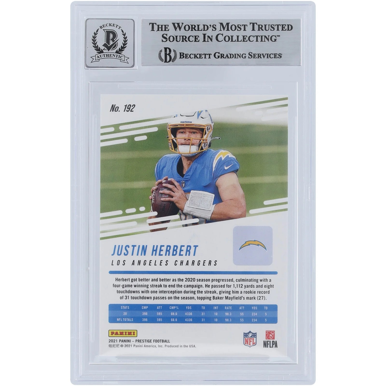 Justin Herbert Signed 2021 Panini Prestige Xtra Points Purple Card #192 | Beckett Graded 9
