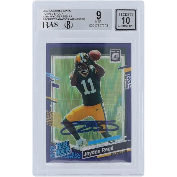 Jayden Reed Signed 2023 Panini Donruss Optic Purple Shock Rookie Card #239 | Beckett Grade