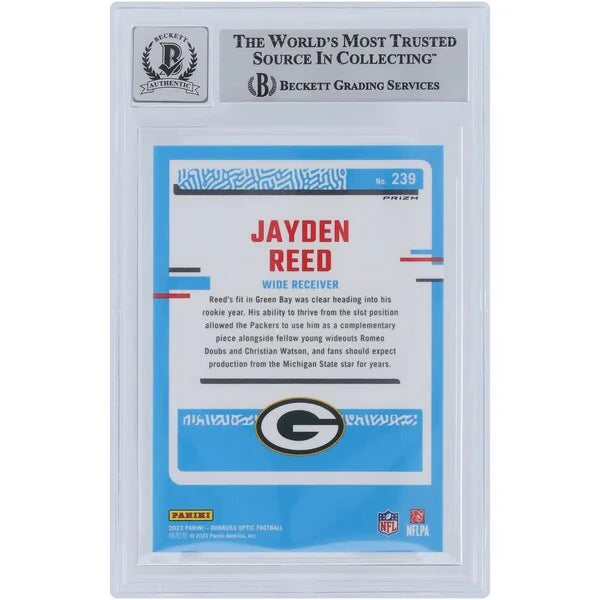 Jayden Reed Signed 2023 Panini Donruss Optic Purple Shock Rookie Card #239 | Beckett Grade