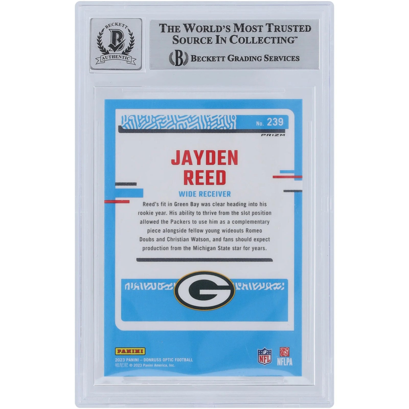 Jayden Reed Signed 2023 Panini Donruss Optic Purple Shock Rookie Card #239 | Beckett Grade