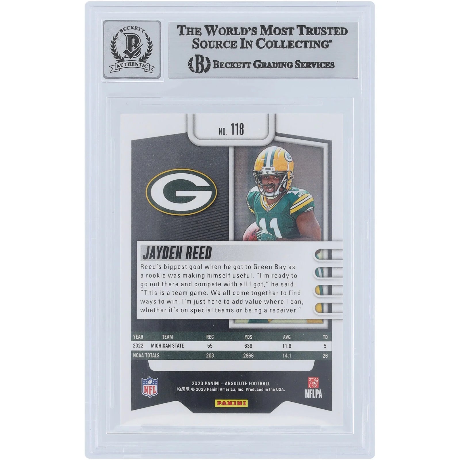 Jayden Reed Signed 2023 Panini Absolute #118 Rookie Card | Beckett Graded 9