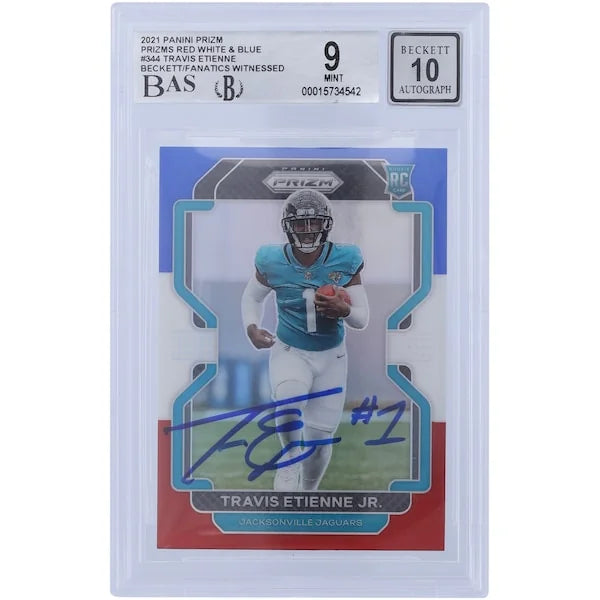 Travis Etienne Signed 2021 Panini Prizm Red White & Blue #344 Rookie Card | Beckett 9