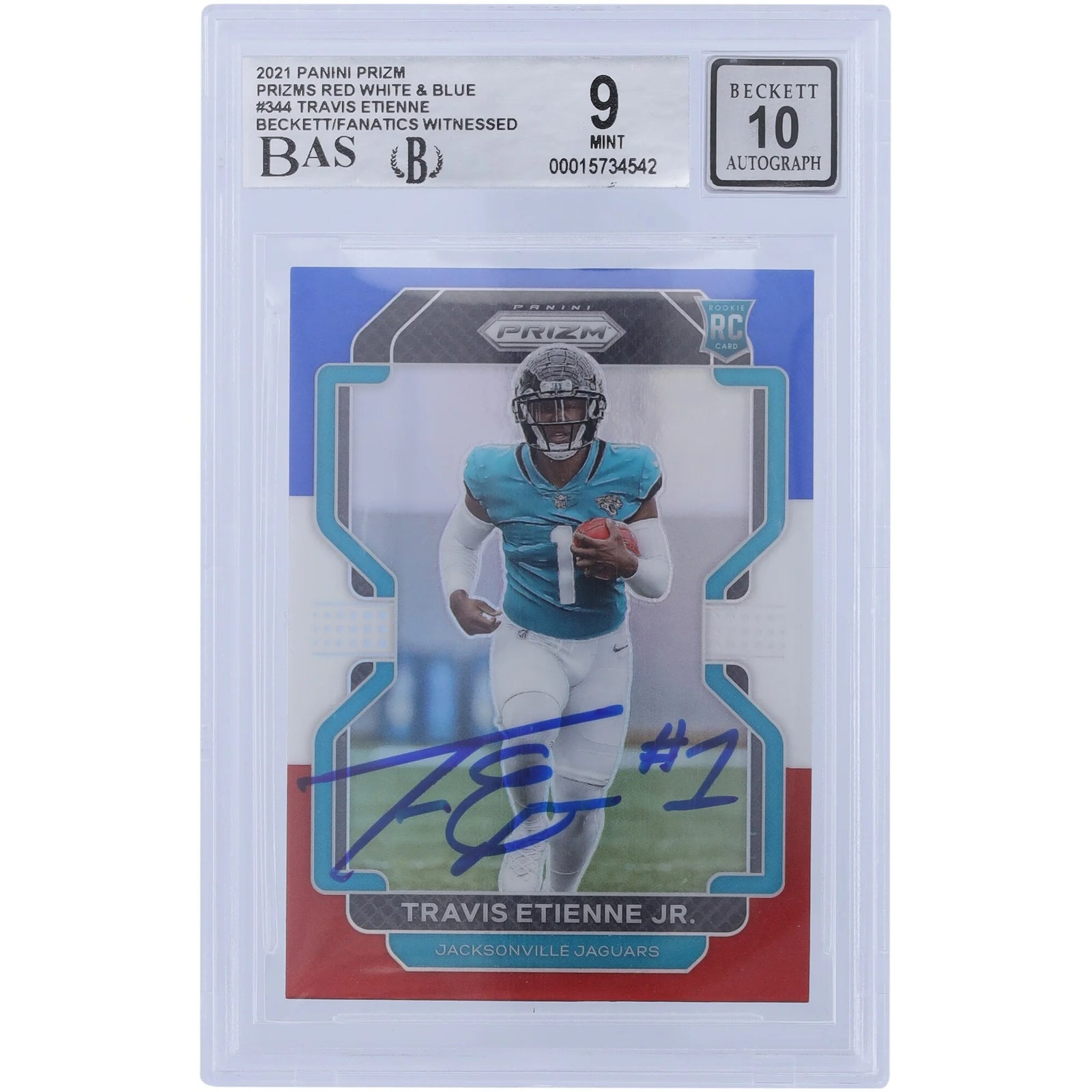 Travis Etienne Signed 2021 Panini Prizm Red White & Blue #344 Rookie Card | Beckett 9