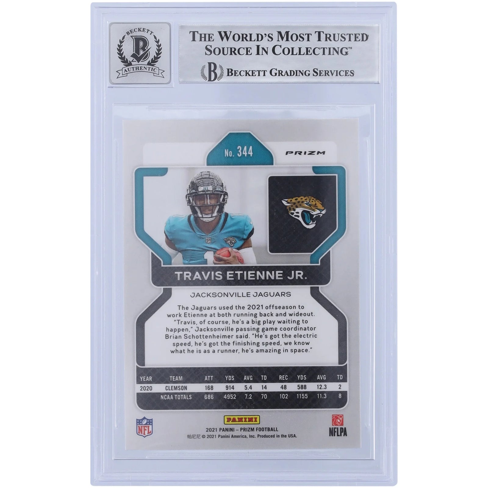 Travis Etienne Signed 2021 Panini Prizm Red White & Blue #344 Rookie Card | Beckett 9