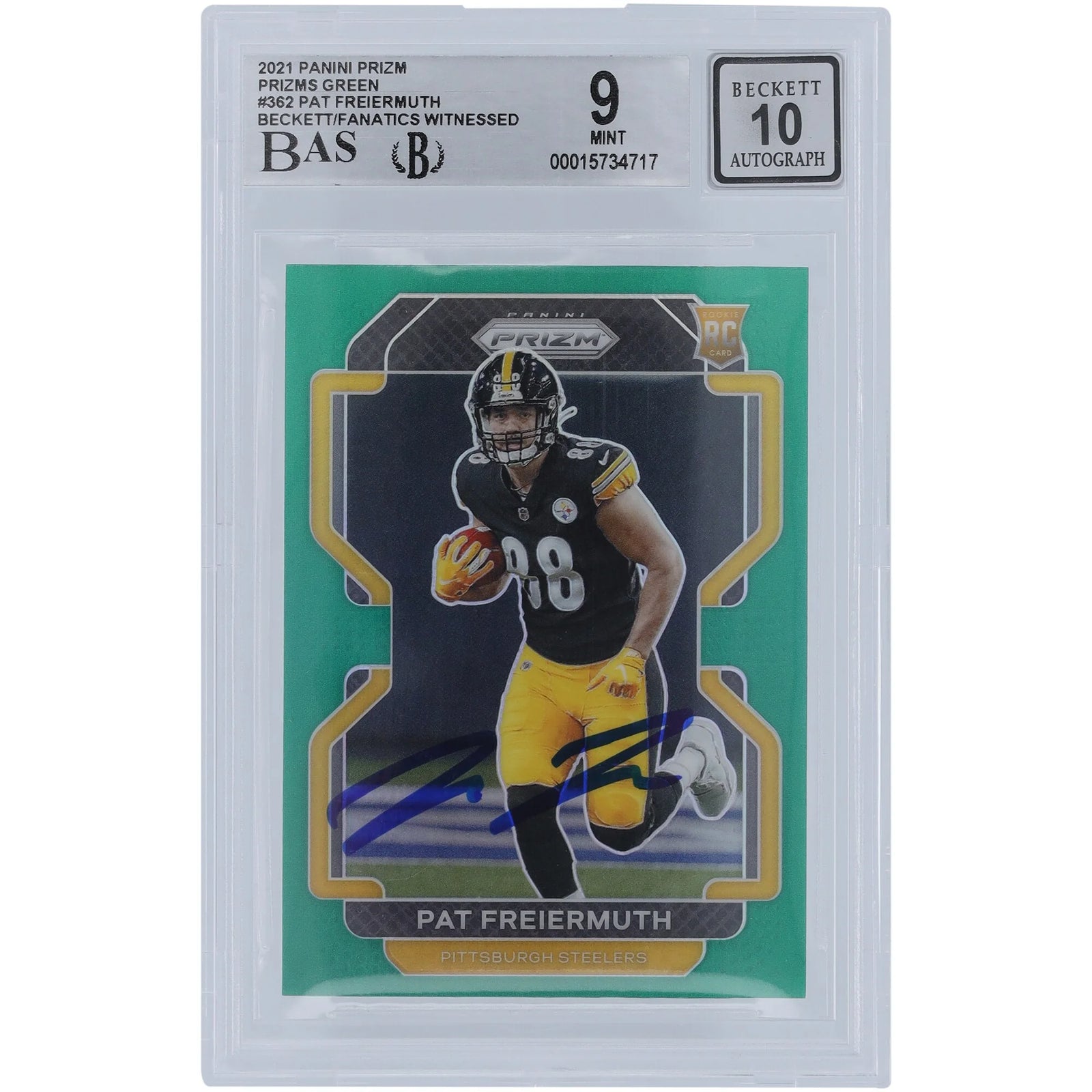 Pat Freiermuth Signed 2021 Panini Prizm Green Rookie Card #362 | Beckett 9