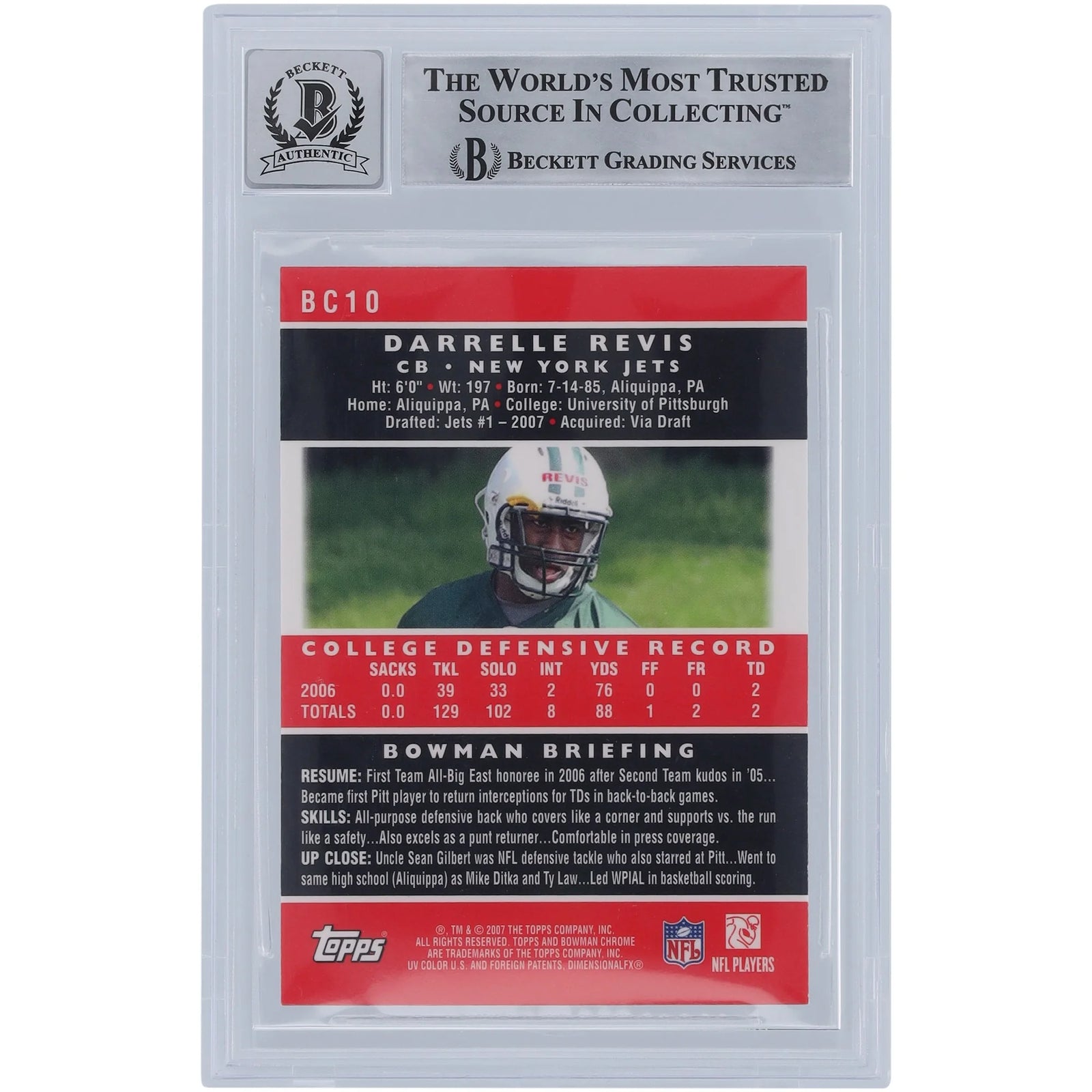 Darrelle Revis Signed 2007 Bowman Chrome #BC10 Rookie Card | HOF 23 Inscription
