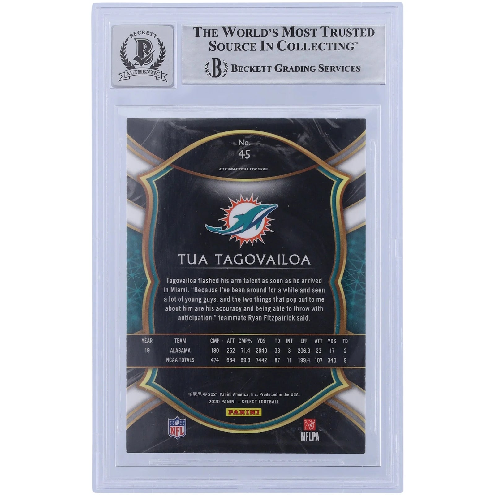 Tua Tagovailoa Signed 2020 Panini Select Concourse #45 Rookie Card | Beckett 9