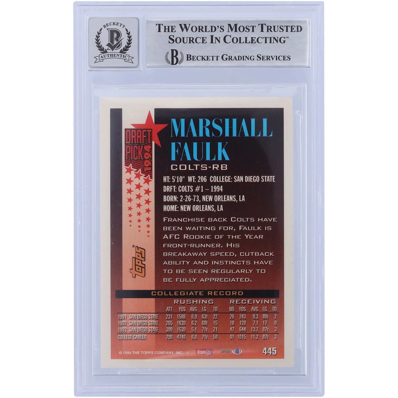 Marshall Faulk Signed 1994 Topps #445 Rookie Card | Beckett 10 with HOF Inscription