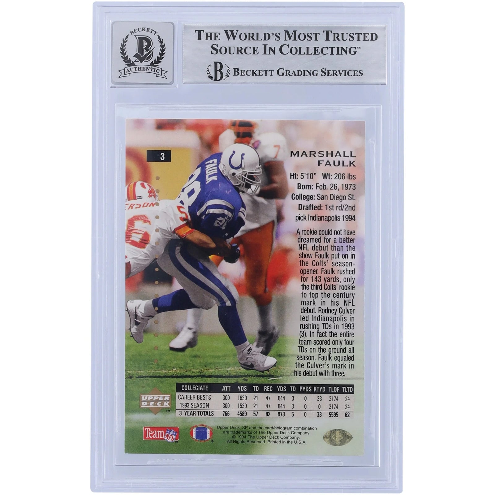 Marshall Faulk Signed 1994 Upper Deck SP #3 Rookie Card | Beckett 10 HOF Inscription