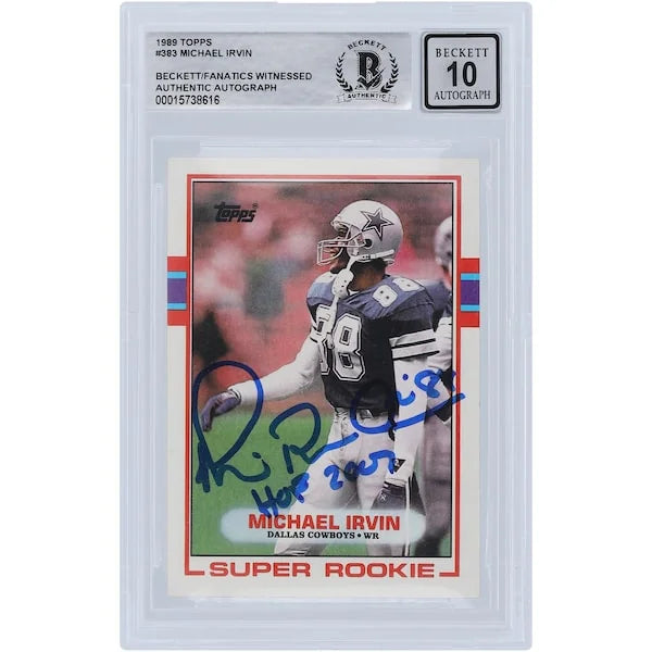Michael Irvin Signed 1989 Topps #383 Rookie Card | Beckett Graded 10 with HOF 07 Inscripti