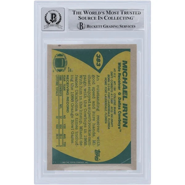 Michael Irvin Signed 1989 Topps #383 Rookie Card | Beckett Graded 10 with HOF 07 Inscripti