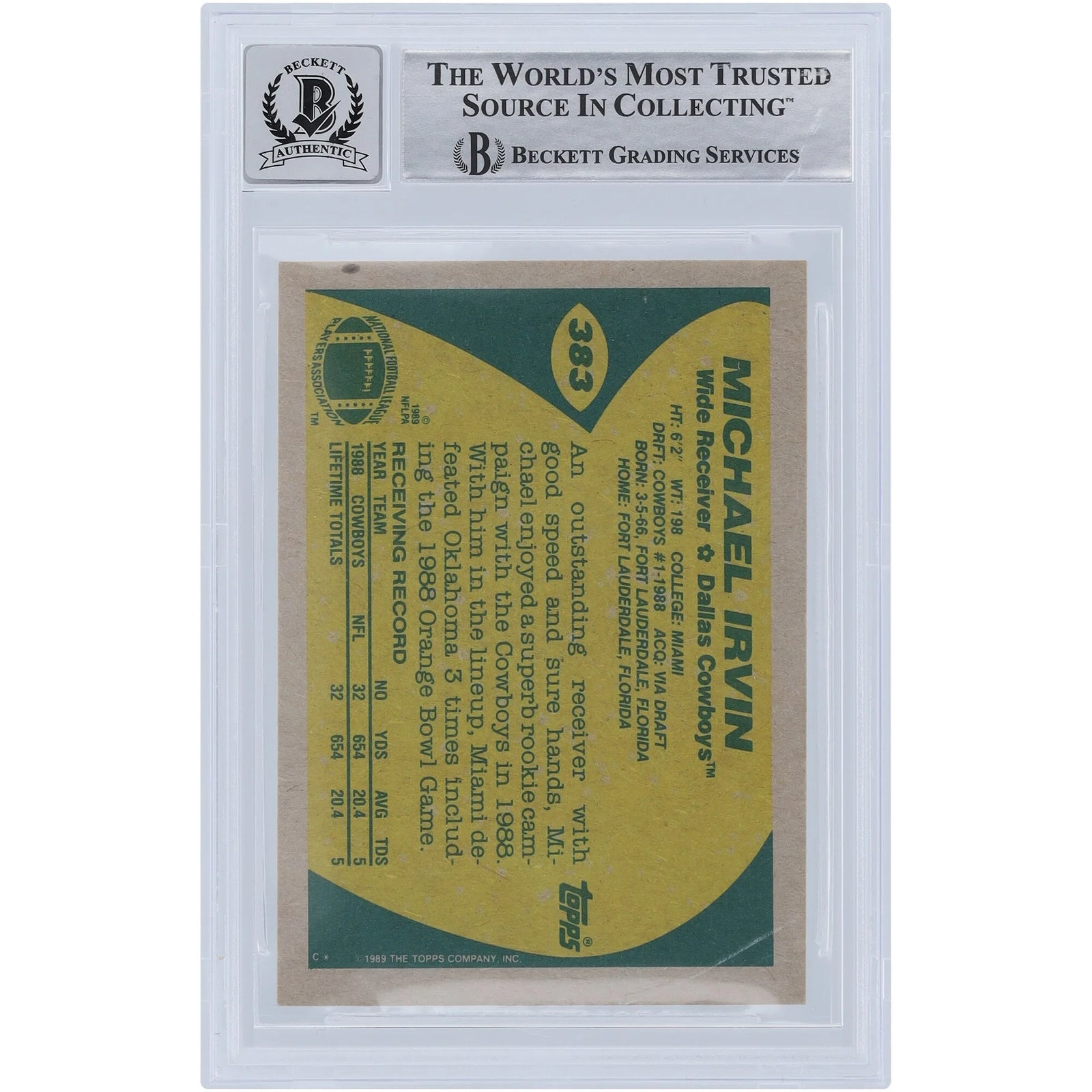 Michael Irvin Signed 1989 Topps #383 Rookie Card | Beckett Graded 10 with HOF 07 Inscripti