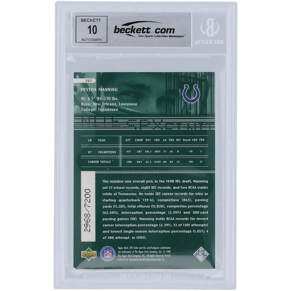 Peyton Manning Signed 1998 Upper Deck SPX Finite #287 Rookie Card | Graded 10